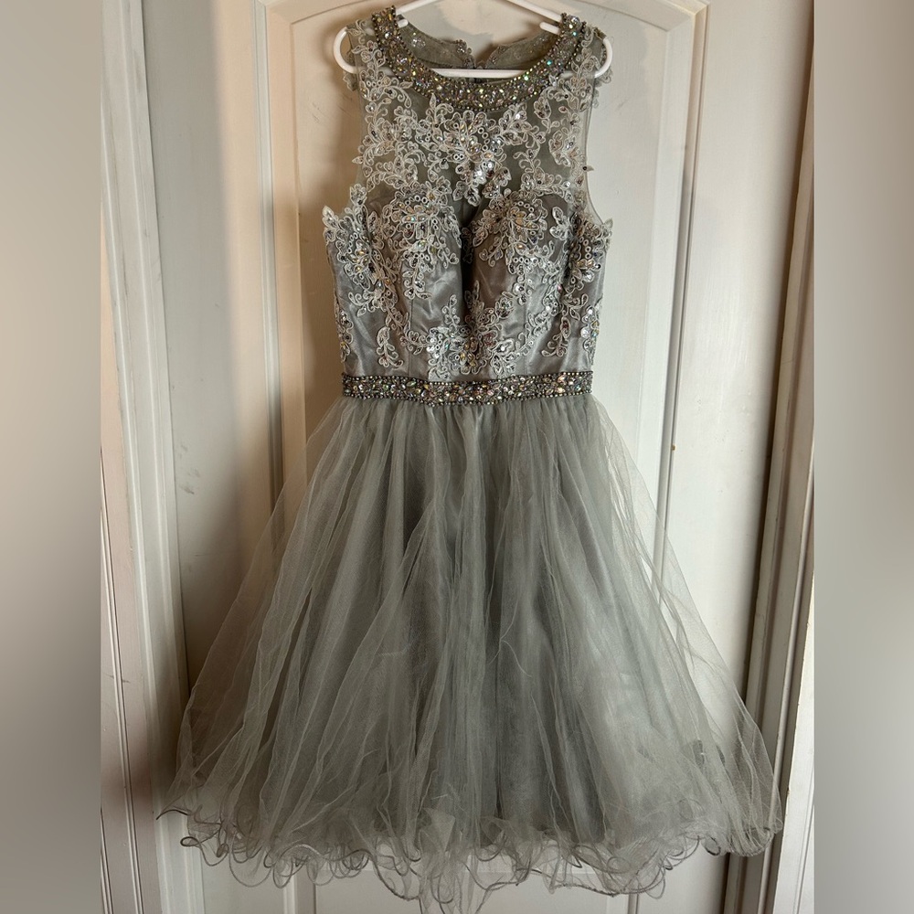 Let’s Elegant Gray Tool Satin Beaded Sequined Party Prom Dress